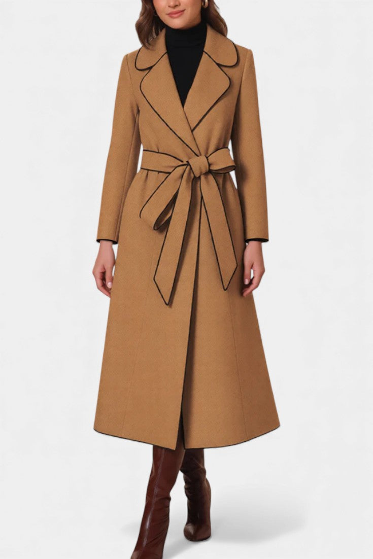 Flora Long Coat with Revers and Coloured Belt